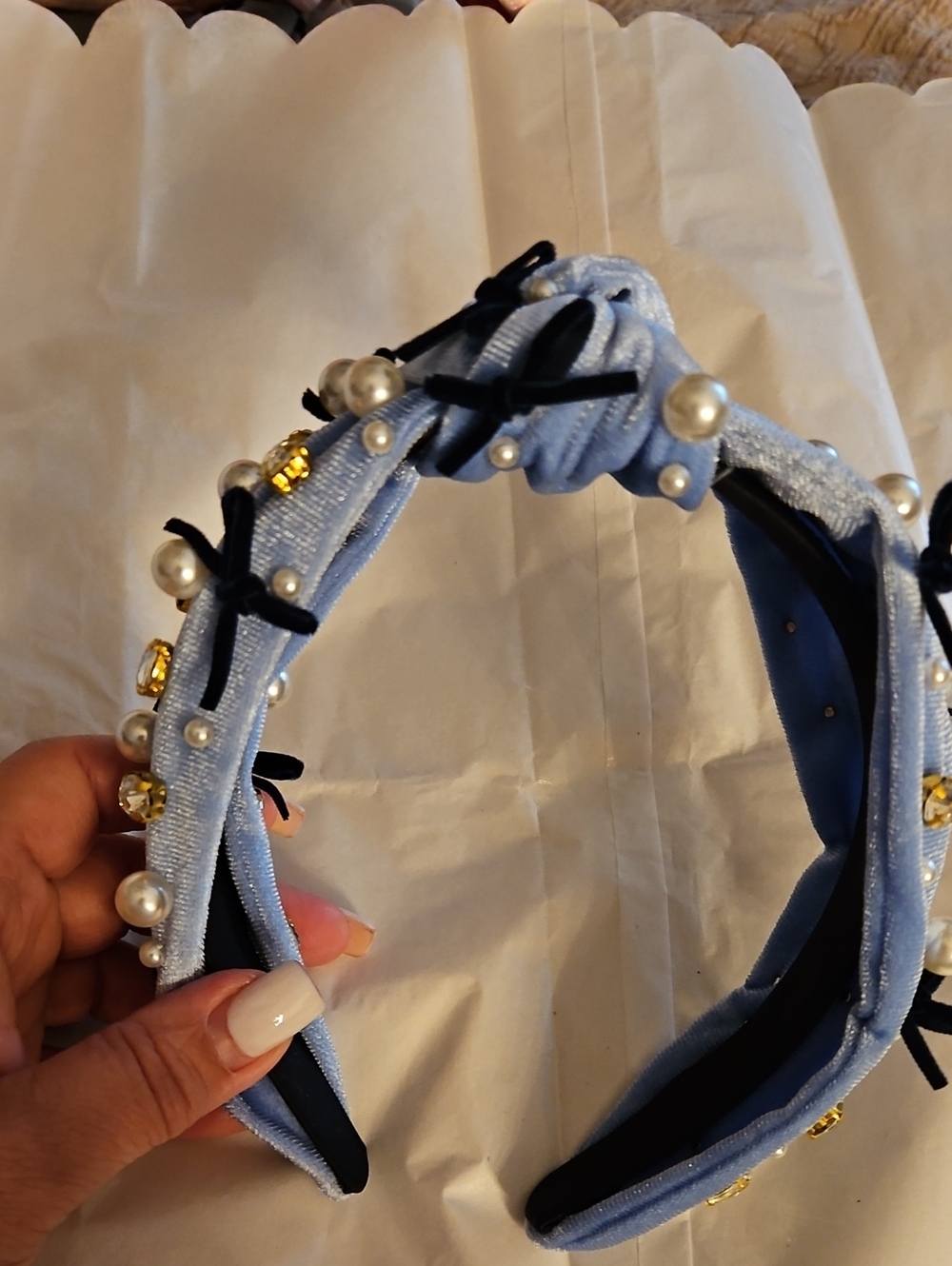 Women’s Knotted Pearl & Gem Embellished Headband - Light Blue